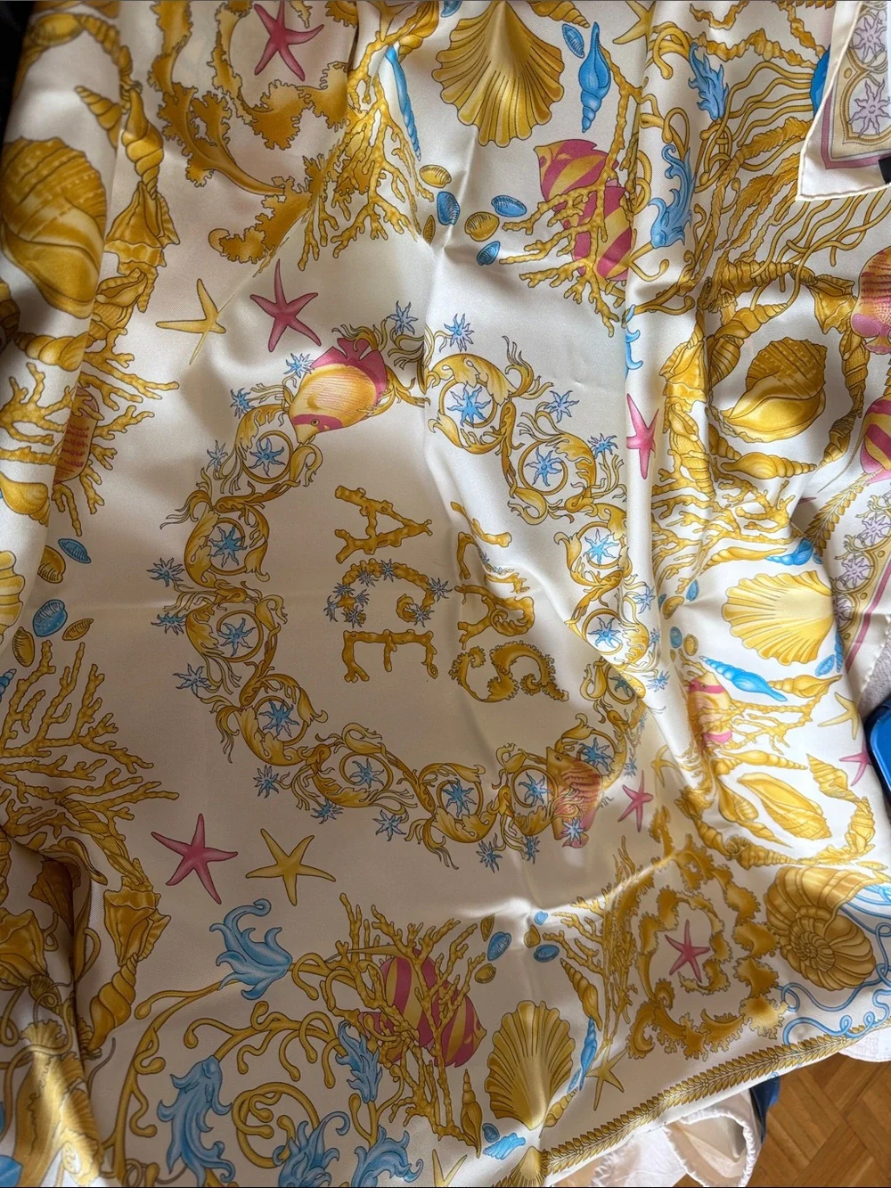 Versace Silk Scarf in Cream, Gold & Light Blue with Pink Trim - Picture 5 of 6